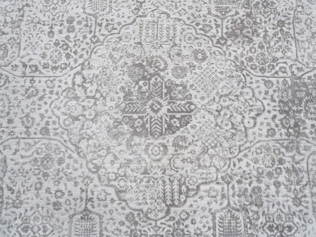 12'0" x 12'0" New Hand Knotted Grey Wool & Pure Silk Square Oriental Rug - MOA10264320