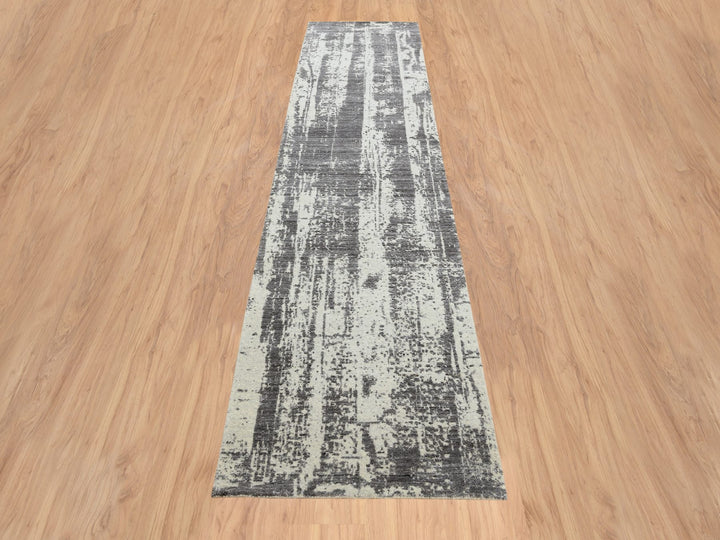 2'6" x 11'10" New Hand Loomed Black Wool & Pure Silk Runner Oriental Rug - MOA10264327