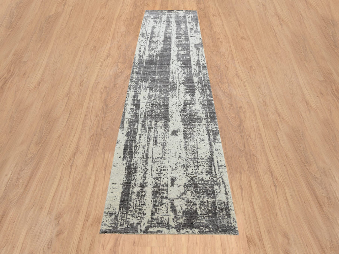 2'6" x 11'10" New Hand Loomed Black Wool & Pure Silk Runner Oriental Rug - MOA10264327