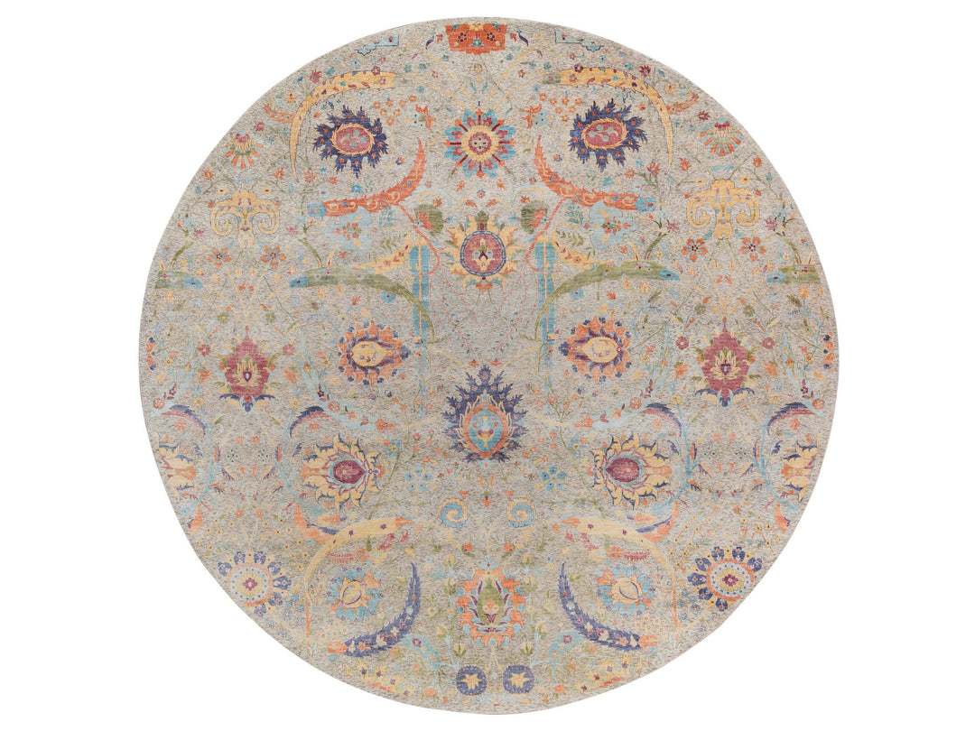 13'7" x 13'7" New Hand Knotted Beige Wool & Silk Round Oriental Rug - MOA10264436