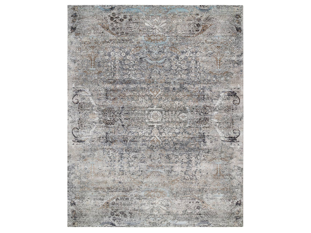 14'0" x 14'1" New Hand Knotted Grey Wool & Silk Square Oriental Rug - MOA10264442