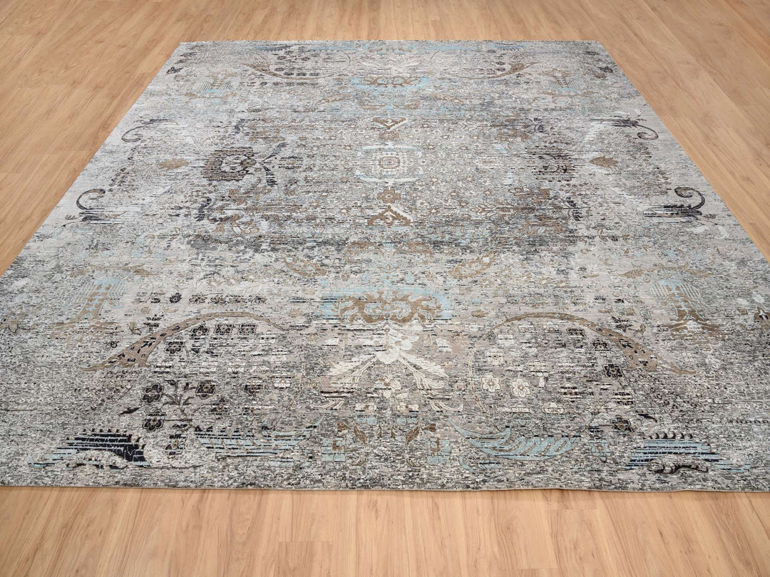 14'0" x 14'1" New Hand Knotted Grey Wool & Silk Square Oriental Rug - MOA10264442