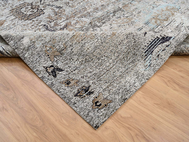 14'0" x 14'1" New Hand Knotted Grey Wool & Silk Square Oriental Rug - MOA10264442