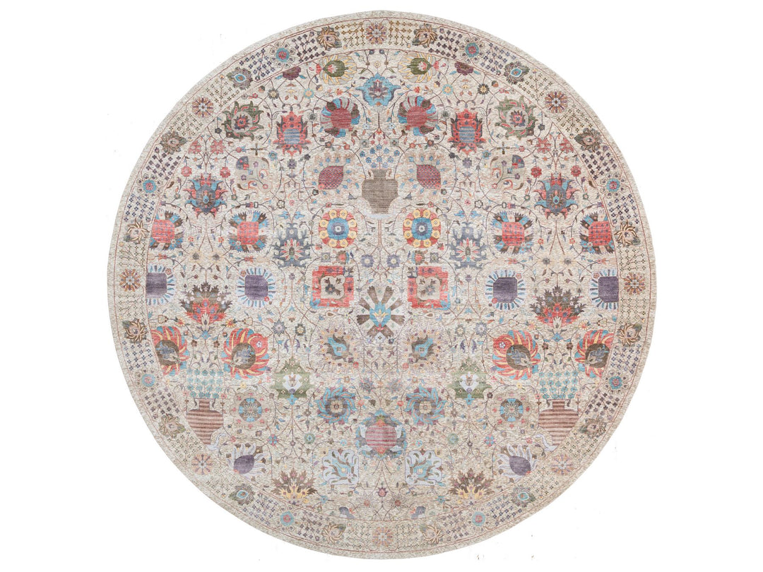 14'1" x 14'1" New Hand Knotted Multicolored Wool & Silk Round Oriental Rug - MOA10264443