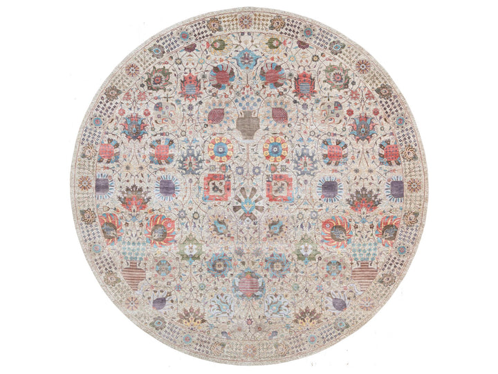 14'1" x 14'1" New Hand Knotted Multicolored Wool & Silk Round Oriental Rug - MOA10264443