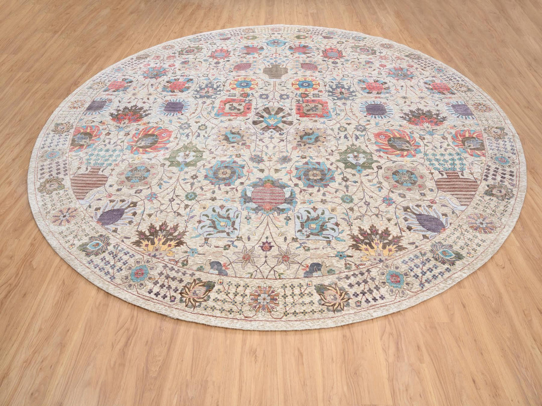 14'1" x 14'1" New Hand Knotted Multicolored Wool & Silk Round Oriental Rug - MOA10264443