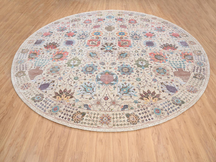 14'1" x 14'1" New Hand Knotted Multicolored Wool & Silk Round Oriental Rug - MOA10264443