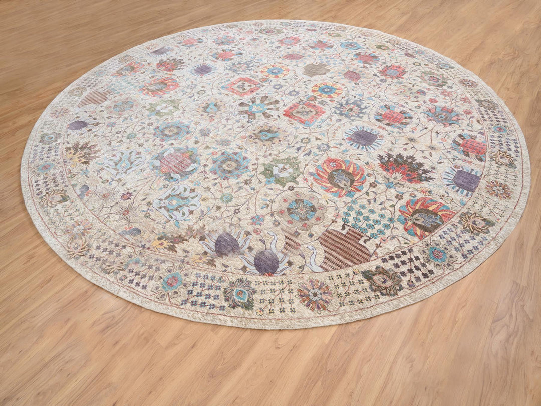 14'1" x 14'1" New Hand Knotted Multicolored Wool & Silk Round Oriental Rug - MOA10264443