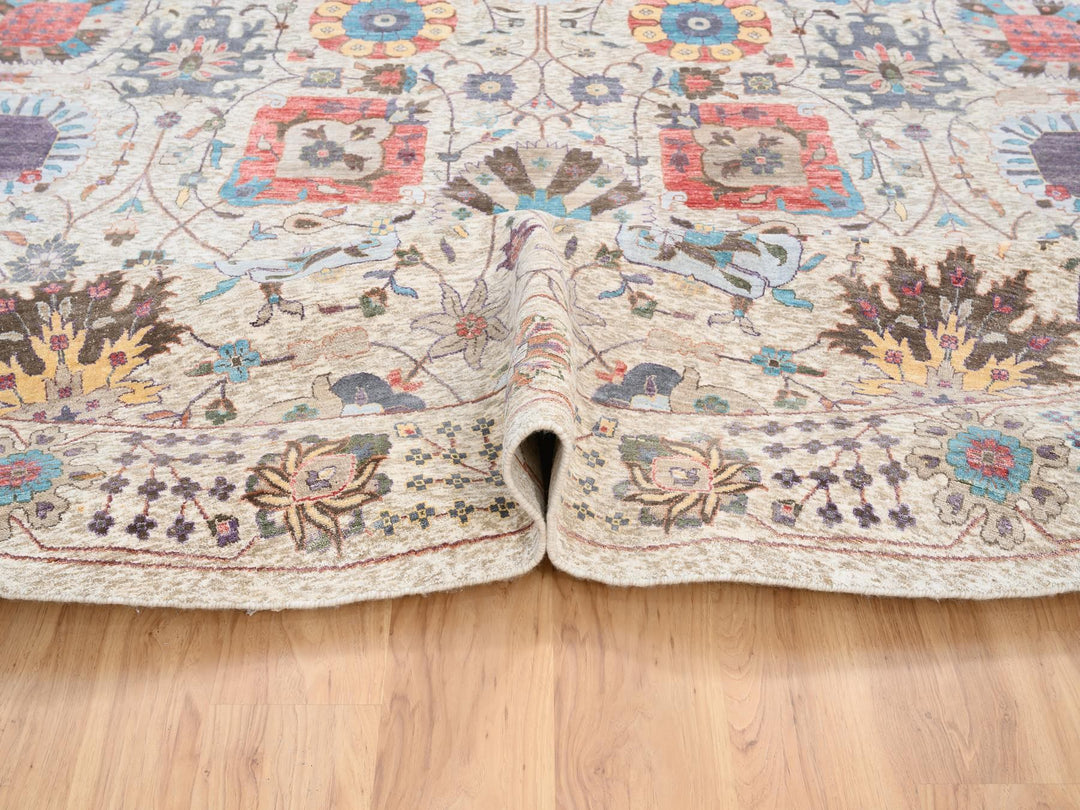 14'1" x 14'1" New Hand Knotted Multicolored Wool & Silk Round Oriental Rug - MOA10264443