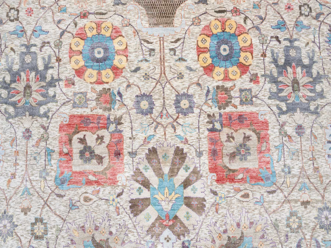 14'1" x 14'1" New Hand Knotted Multicolored Wool & Silk Round Oriental Rug - MOA10264443