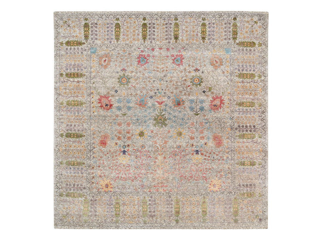 14'1" x 14'0" New Hand Knotted Beige Wool & Silk Square Oriental Rug - MOA10264449