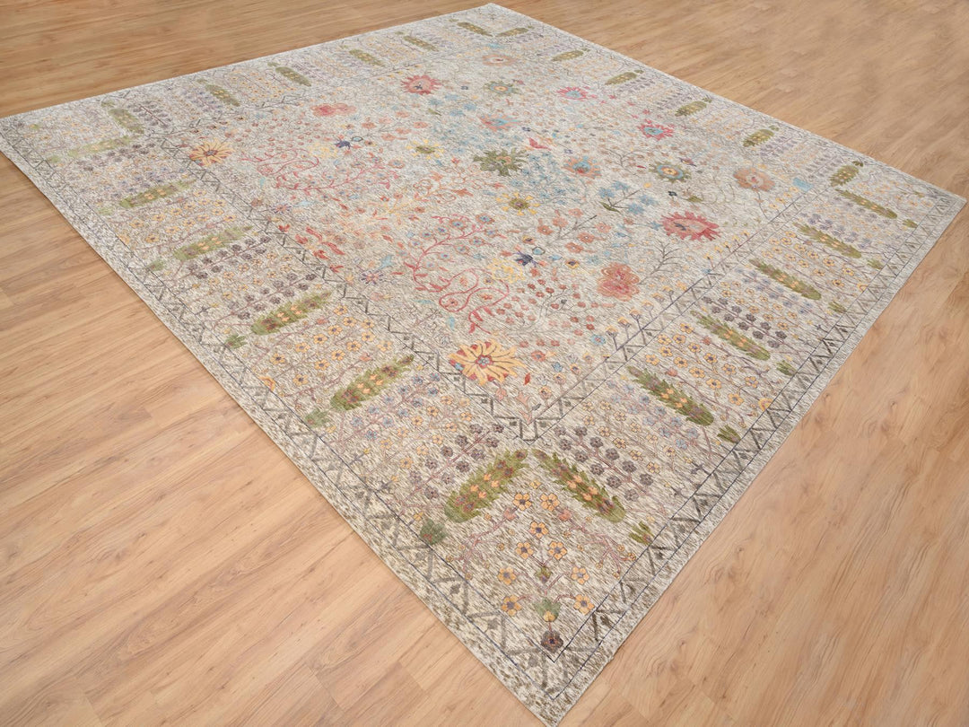 14'1" x 14'0" New Hand Knotted Beige Wool & Silk Square Oriental Rug - MOA10264449