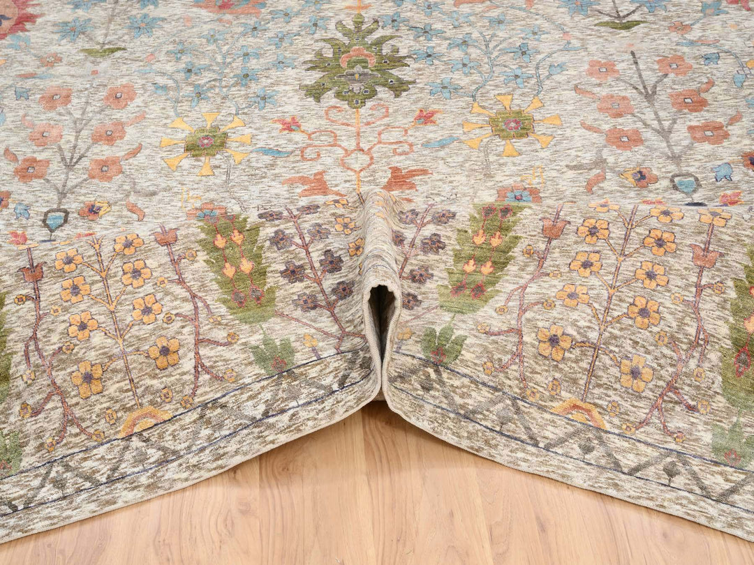 14'1" x 14'0" New Hand Knotted Beige Wool & Silk Square Oriental Rug - MOA10264449