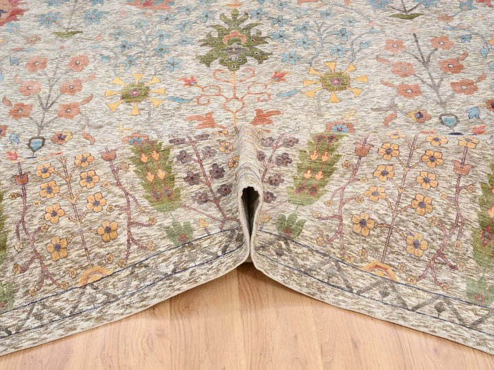 14'1" x 14'0" New Hand Knotted Beige Wool & Silk Square Oriental Rug - MOA10264449