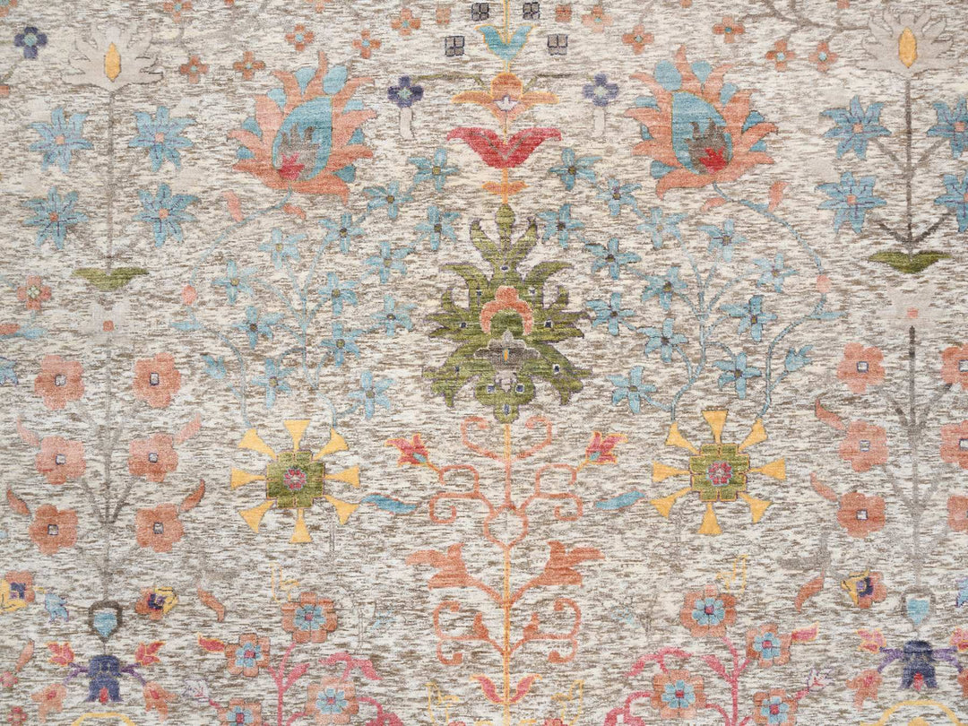 14'1" x 14'0" New Hand Knotted Beige Wool & Silk Square Oriental Rug - MOA10264449