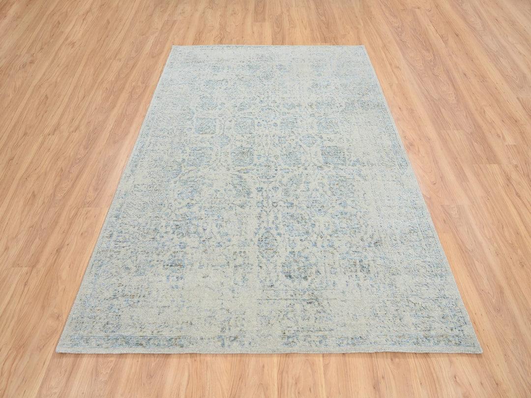 6'2" x 9'0" New Hand Loomed Blue Wool & Silk Rectangle Oriental Rug - MOA10264549