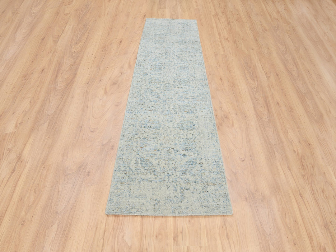 2'8" x 10'0" New Hand Loomed Blue Wool & Silk Runner Oriental Rug - MOA10264556