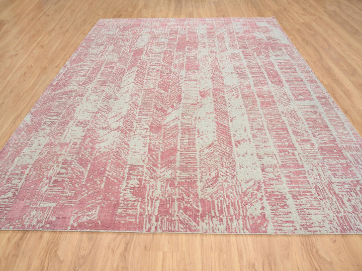 9'0" x 11'10" New Hand Loomed Pink Wool & Silk Rectangle Oriental Rug - MOA10264807