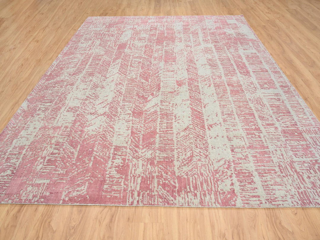 9'0" x 11'10" New Hand Loomed Pink Wool & Silk Rectangle Oriental Rug - MOA10264807