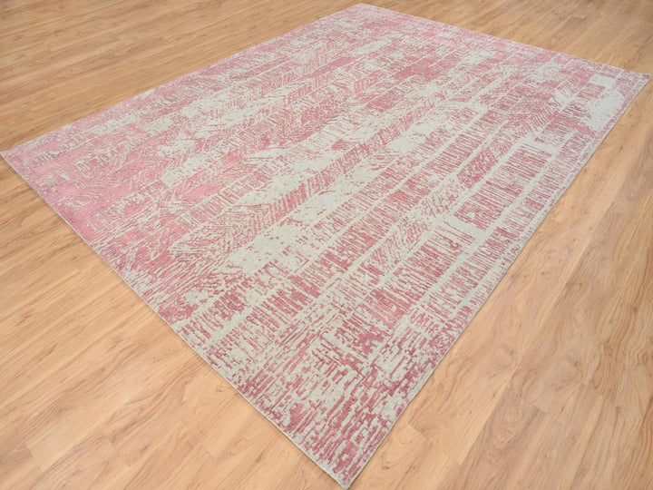 9'0" x 11'10" New Hand Loomed Pink Wool & Silk Rectangle Oriental Rug - MOA10264807