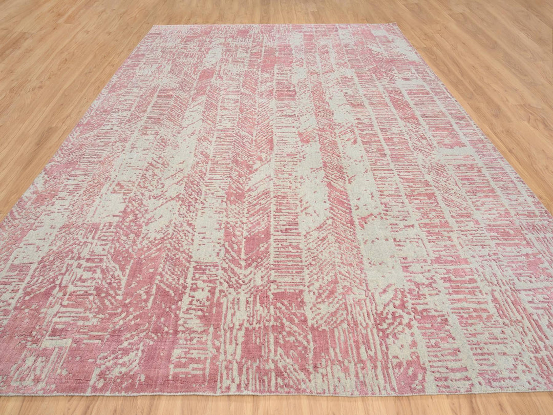 10'0" x 14'0" New Hand Loomed Pink Wool & Silk Rectangle Oriental Rug - MOA10264817