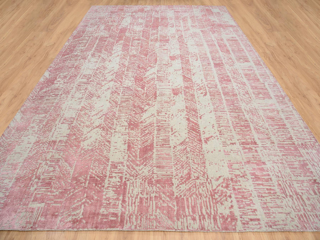 11'10" x 17'10" New Hand Loomed Pink Wool & Art Silk Rectangle Oriental Rug - MOA10264836