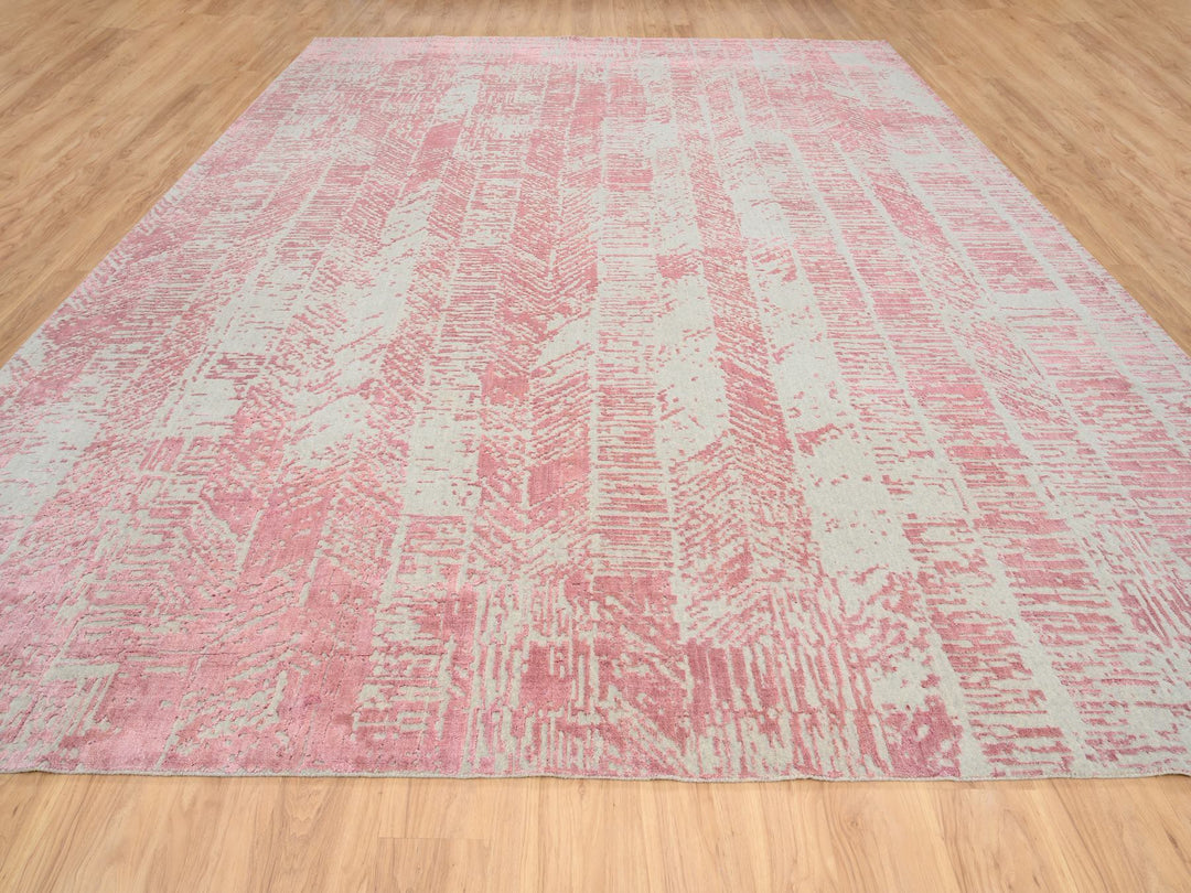 11'10" x 15'1" New Hand Loomed Pink Wool & Art Silk Rectangle Oriental Rug - MOA10264841