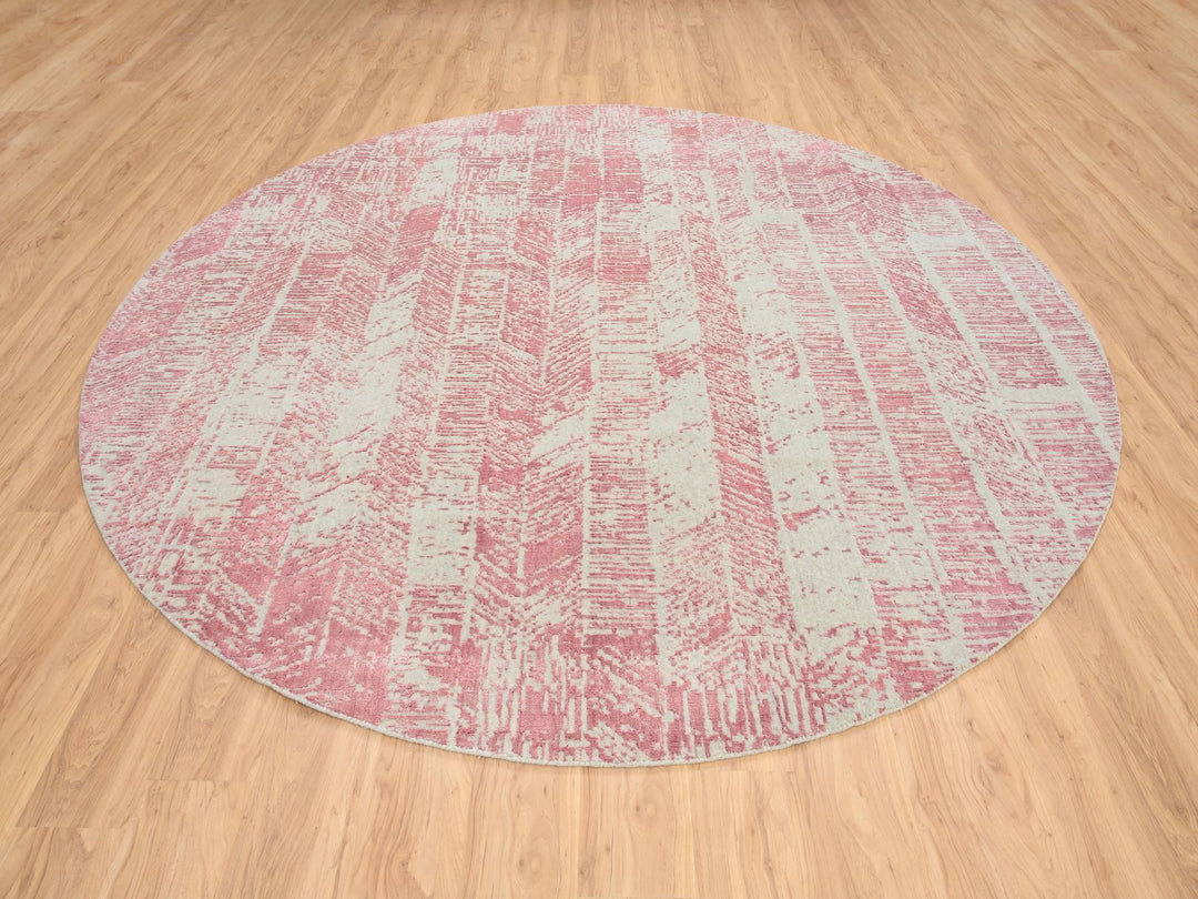 10'0" x 10'0" New Hand Loomed Pink Wool & Silk Round Oriental Rug - MOA10264842