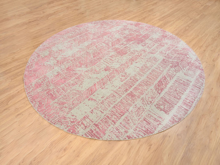 10'0" x 10'0" New Hand Loomed Pink Wool & Silk Round Oriental Rug - MOA10264842