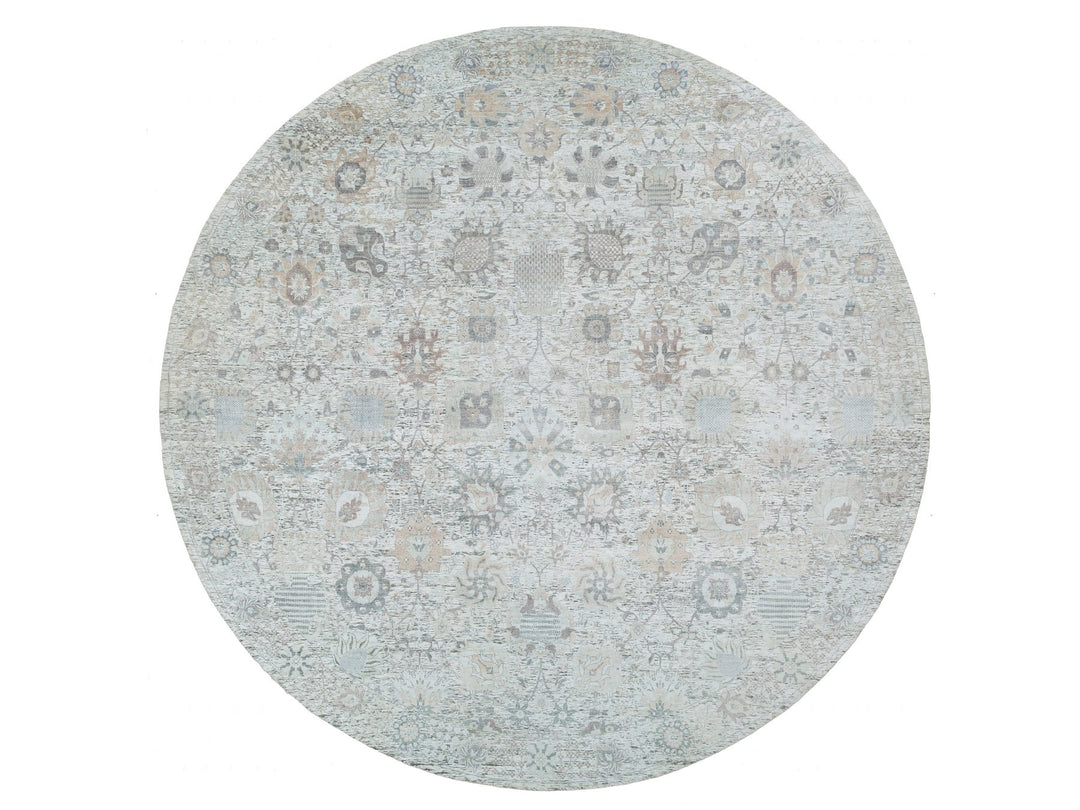 14'0" x 14'0" New Hand Knotted Ivory Wool & Silk Round Oriental Rug - MOA10264911