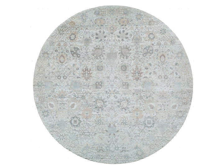 14'0" x 14'0" New Hand Knotted Ivory Wool & Silk Round Oriental Rug - MOA10264911