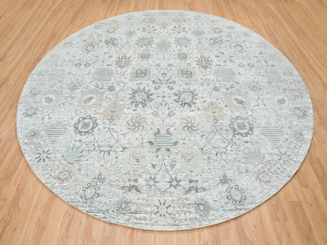 14'0" x 14'0" New Hand Knotted Ivory Wool & Silk Round Oriental Rug - MOA10264911