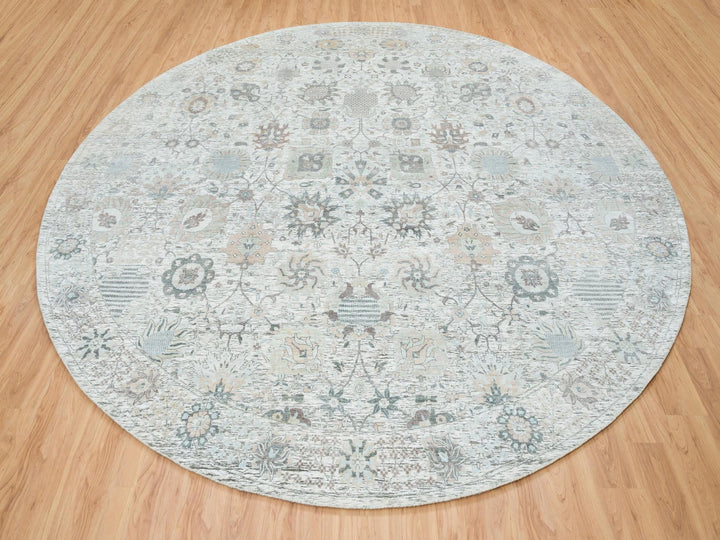 14'0" x 14'0" New Hand Knotted Ivory Wool & Silk Round Oriental Rug - MOA10264911
