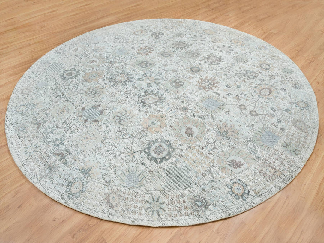 14'0" x 14'0" New Hand Knotted Ivory Wool & Silk Round Oriental Rug - MOA10264911