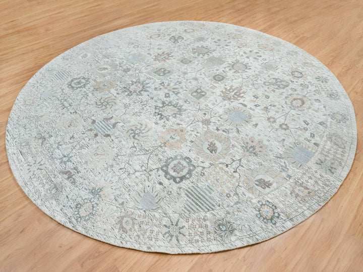 14'0" x 14'0" New Hand Knotted Ivory Wool & Silk Round Oriental Rug - MOA10264911