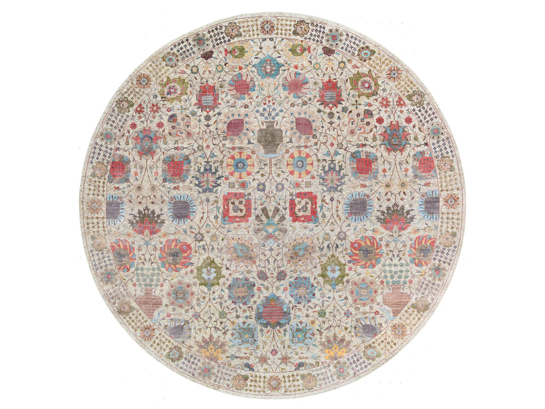 14'0" x 14'0" New Hand Knotted Multicolored Wool & Silk Round Oriental Rug - MOA10264912
