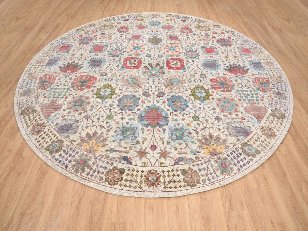 14'0" x 14'0" New Hand Knotted Multicolored Wool & Silk Round Oriental Rug - MOA10264912