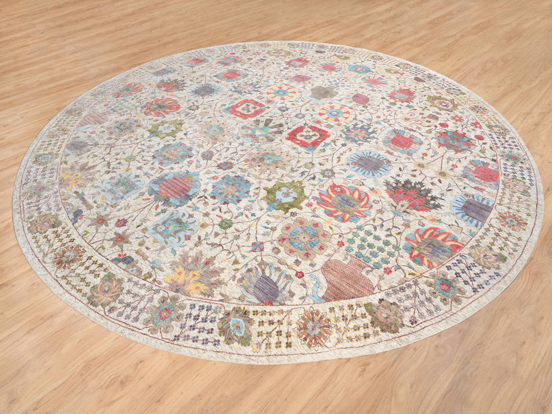 14'0" x 14'0" New Hand Knotted Multicolored Wool & Silk Round Oriental Rug - MOA10264912