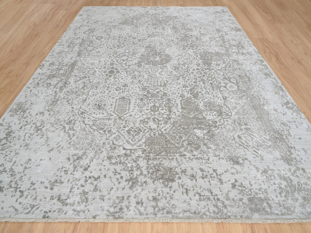 11'9" x 15'0" New Hand Knotted Grey Wool & Silk Rectangle Oriental Rug - MOA10265039