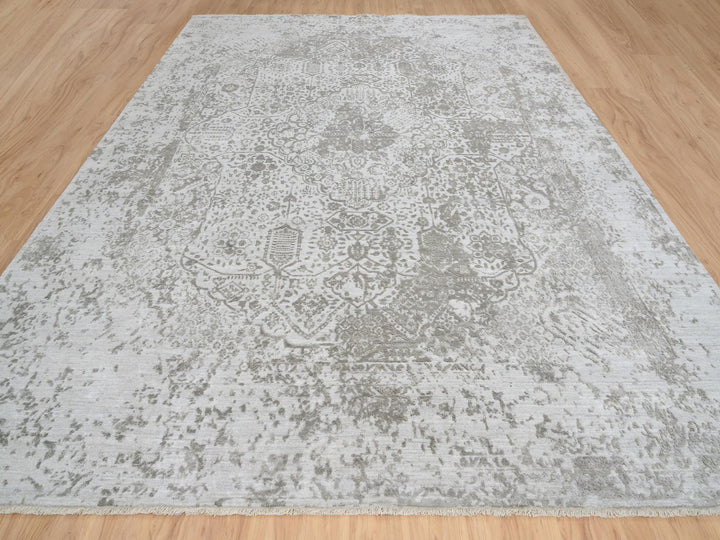 11'9" x 15'0" New Hand Knotted Grey Wool & Silk Rectangle Oriental Rug - MOA10265039