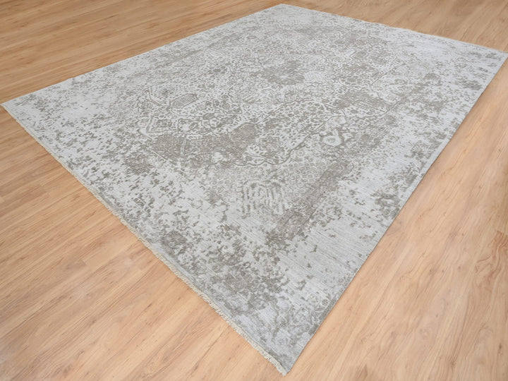 11'9" x 15'0" New Hand Knotted Grey Wool & Silk Rectangle Oriental Rug - MOA10265039