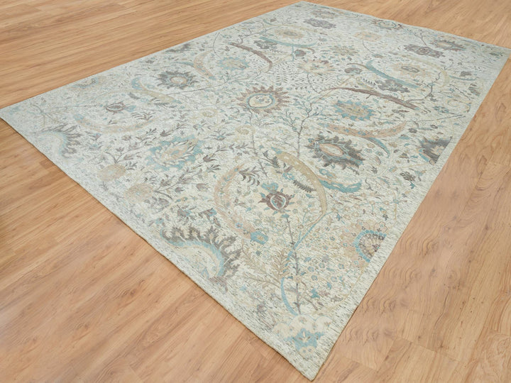 12'1" x 18'0" New Hand Knotted Ivory Wool & Silk Rectangle Oriental Rug - MOA10265178