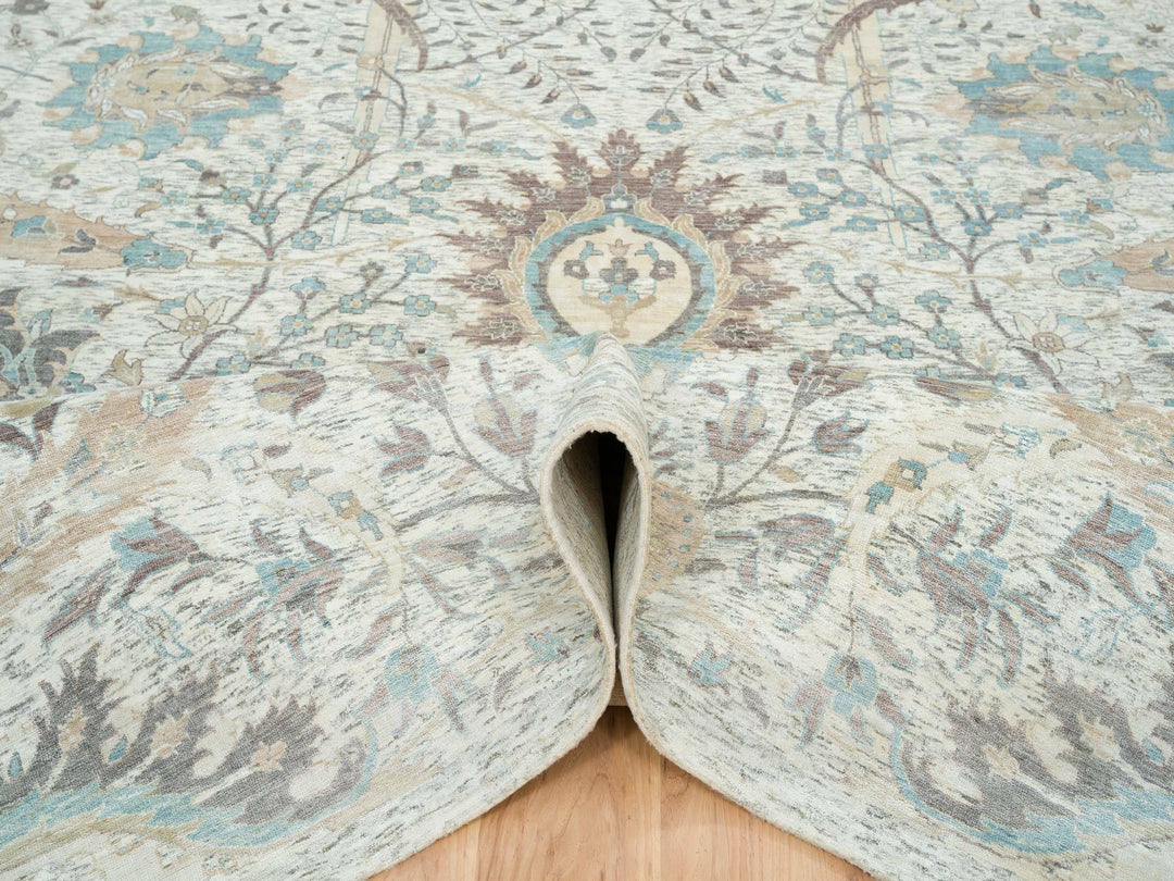 12'1" x 18'0" New Hand Knotted Ivory Wool & Silk Rectangle Oriental Rug - MOA10265178