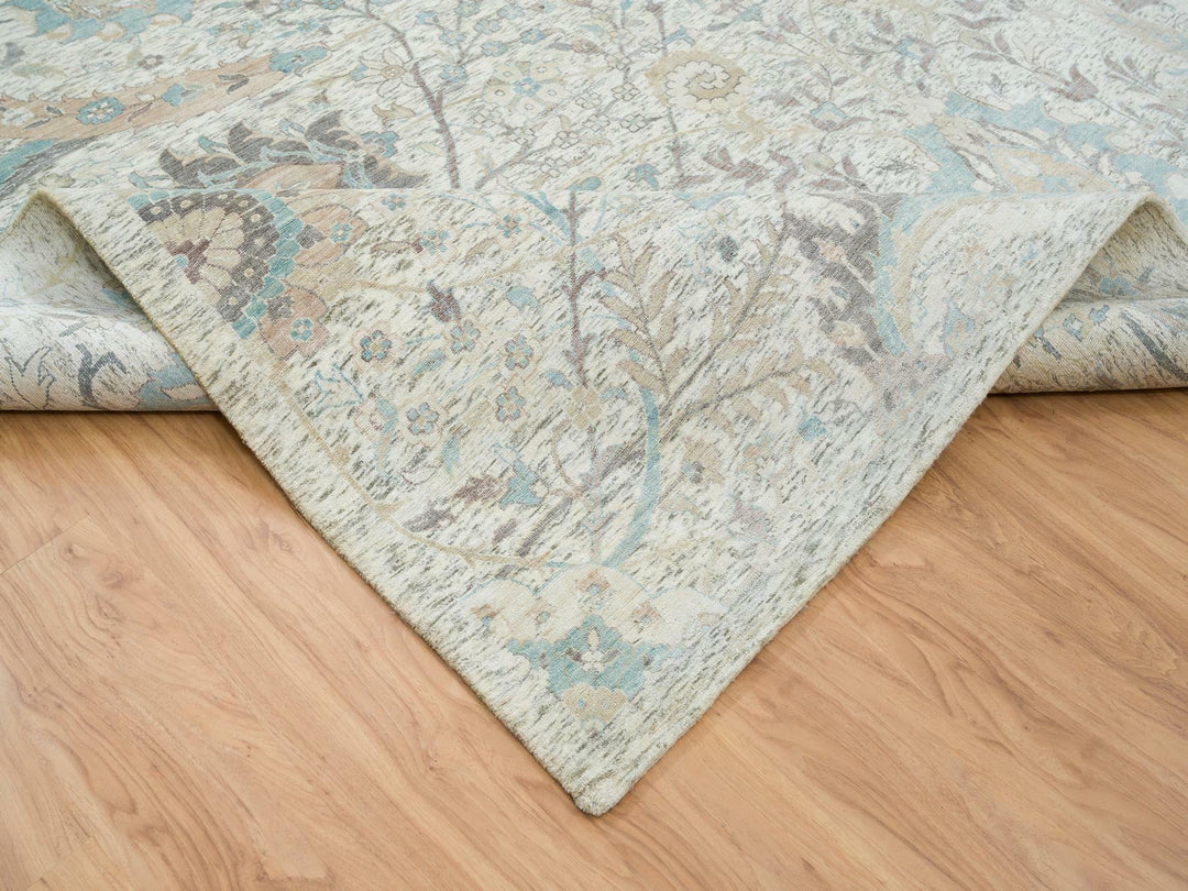 12'1" x 18'0" New Hand Knotted Ivory Wool & Silk Rectangle Oriental Rug - MOA10265178