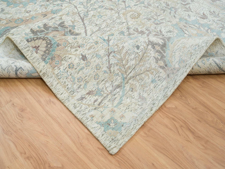 12'1" x 18'0" New Hand Knotted Ivory Wool & Silk Rectangle Oriental Rug - MOA10265178