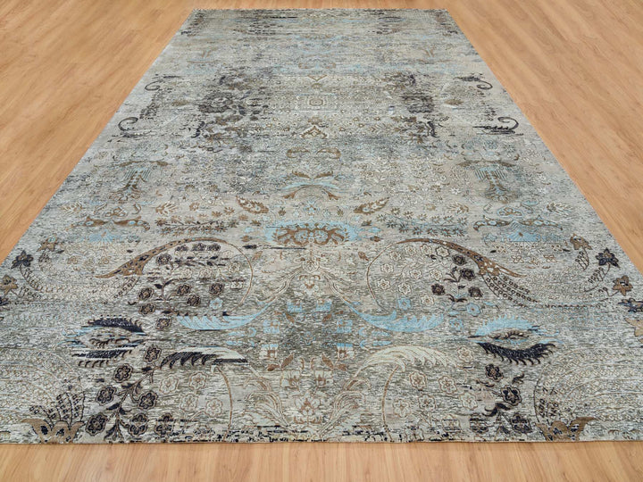 11'9" x 18'1" New Hand Knotted Grey Wool & Silk Rectangle Oriental Rug - MOA10265179