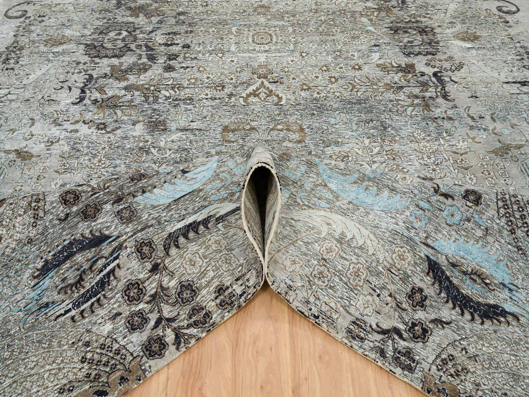 11'9" x 18'1" New Hand Knotted Grey Wool & Silk Rectangle Oriental Rug - MOA10265179