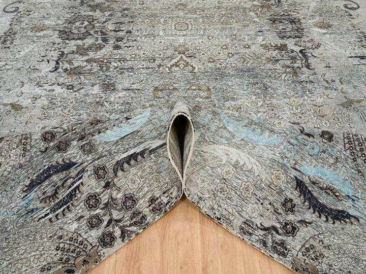 11'9" x 18'1" New Hand Knotted Grey Wool & Silk Rectangle Oriental Rug - MOA10265179