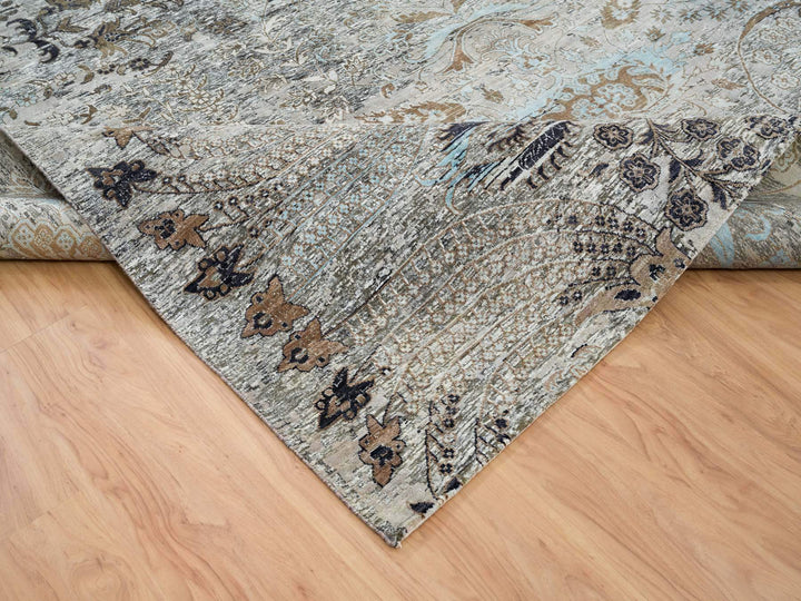 11'9" x 18'1" New Hand Knotted Grey Wool & Silk Rectangle Oriental Rug - MOA10265179