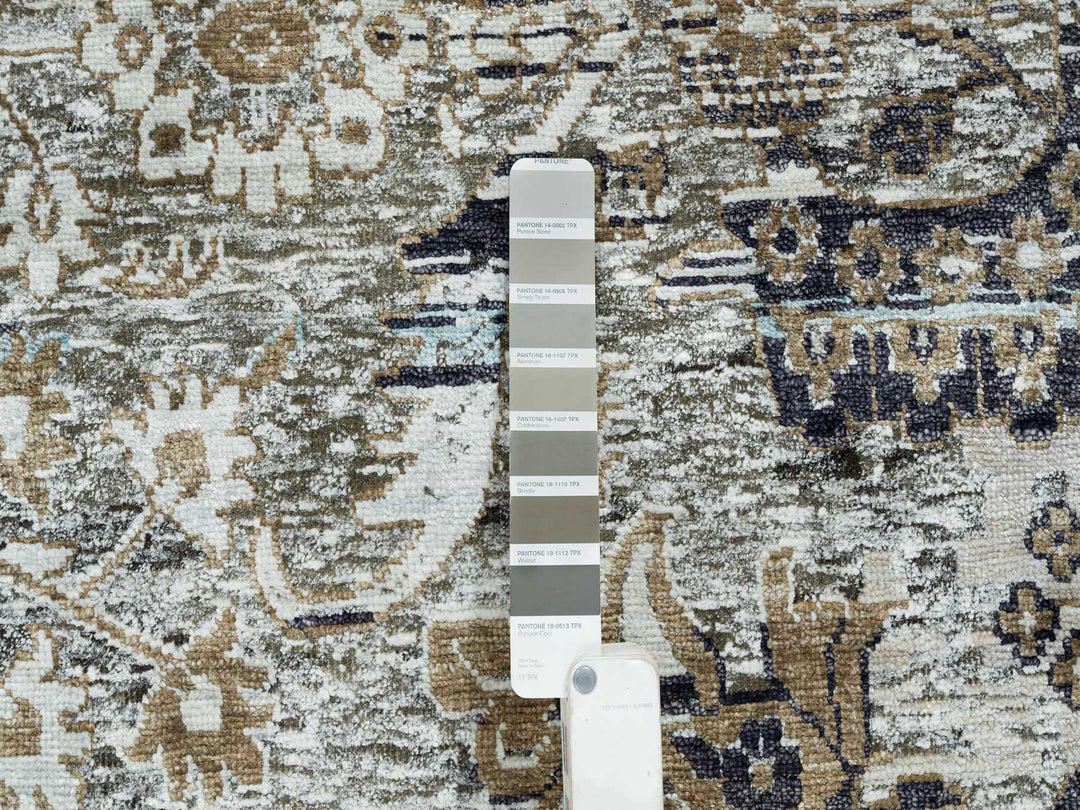 11'9" x 18'1" New Hand Knotted Grey Wool & Silk Rectangle Oriental Rug - MOA10265179